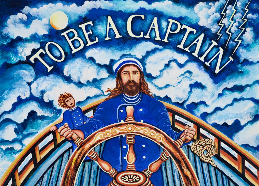 To Be A Captain book cover, a hand-painted captain at a ship's wheel with his son beside him under a stormy blue sky