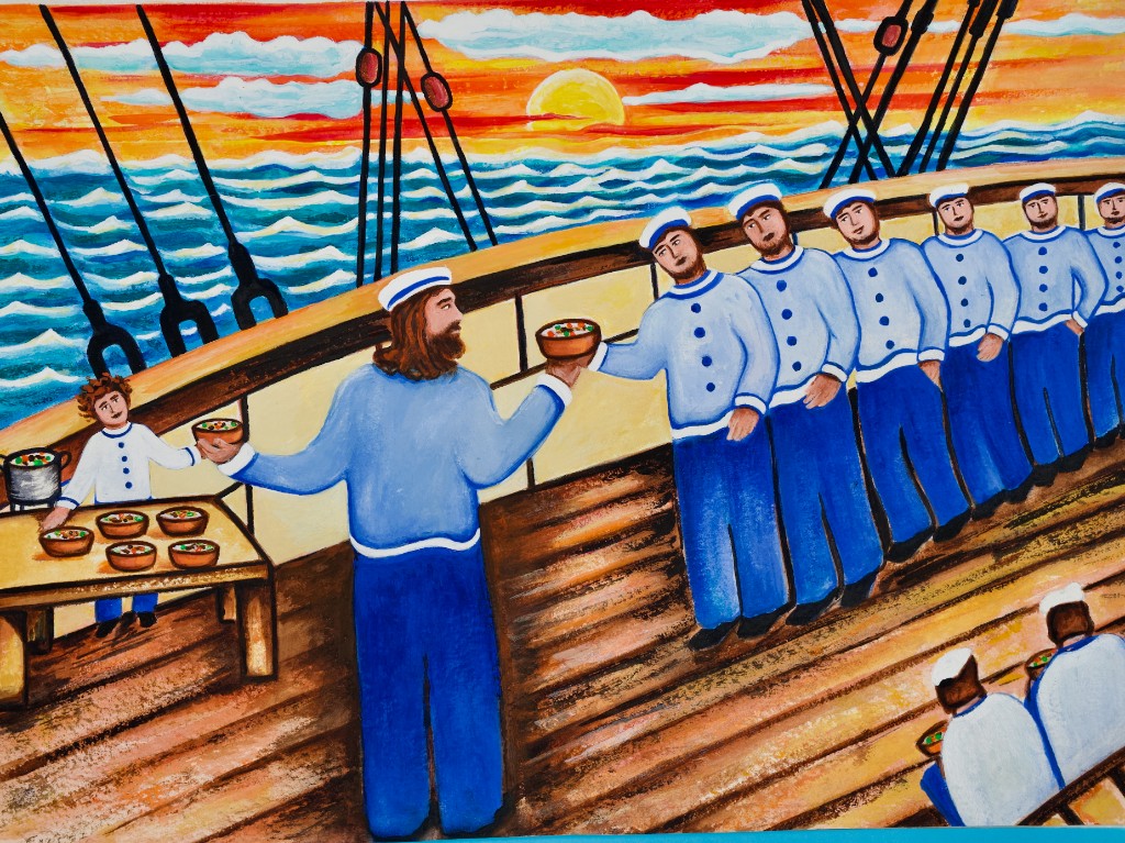 Watercolor painting of the captain serving bowls of stew to his crew on deck at sunset