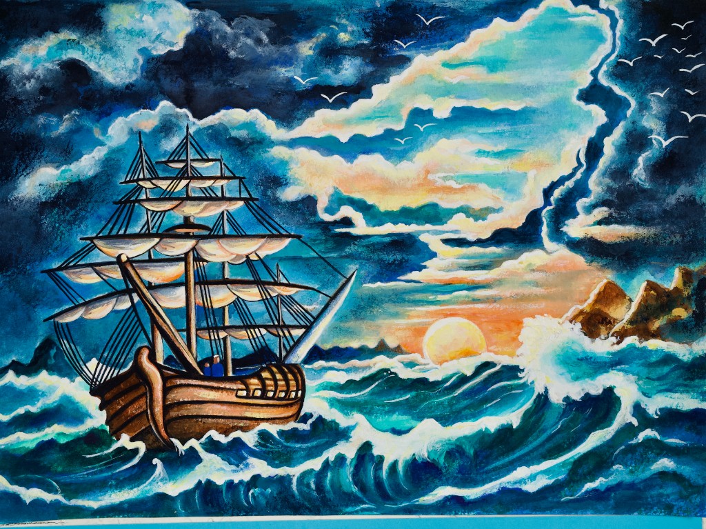 Watercolor painting of a tall ship sailing through crashing waves at sunset